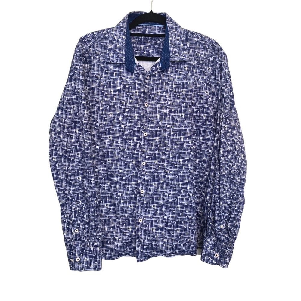 Cuadra Style Legacy Mens Blue White Abstract Print Button Down Shirt XL EG
